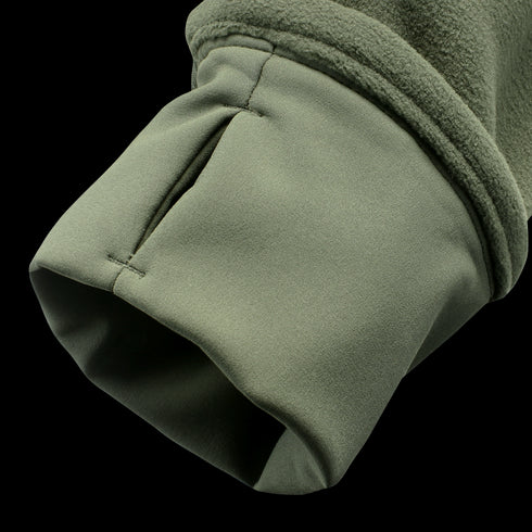 Close-up of the cuff on a Condor Alpha Fleece Jacket in green, highlighting the stitching detail and soft texture of the sleeve.